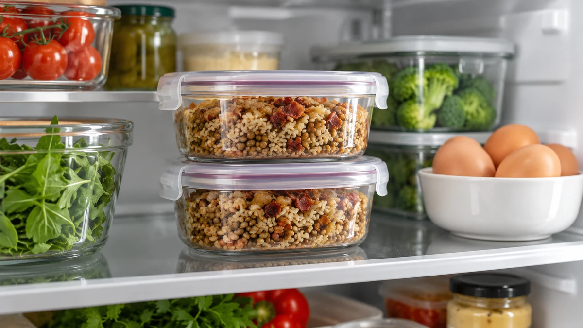 Closed containers of rice lentil and bacon leftovers in the fridge
