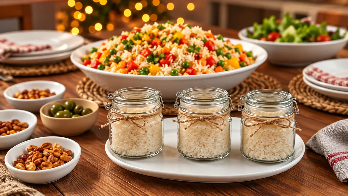 Closed jars of dry rice beside a festive vegetable rice platter