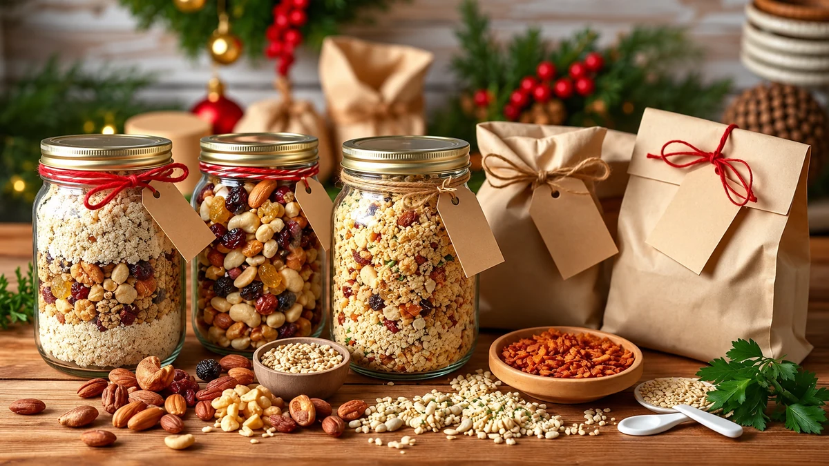 Closed jars of farofa ingredients and decorated gift bags