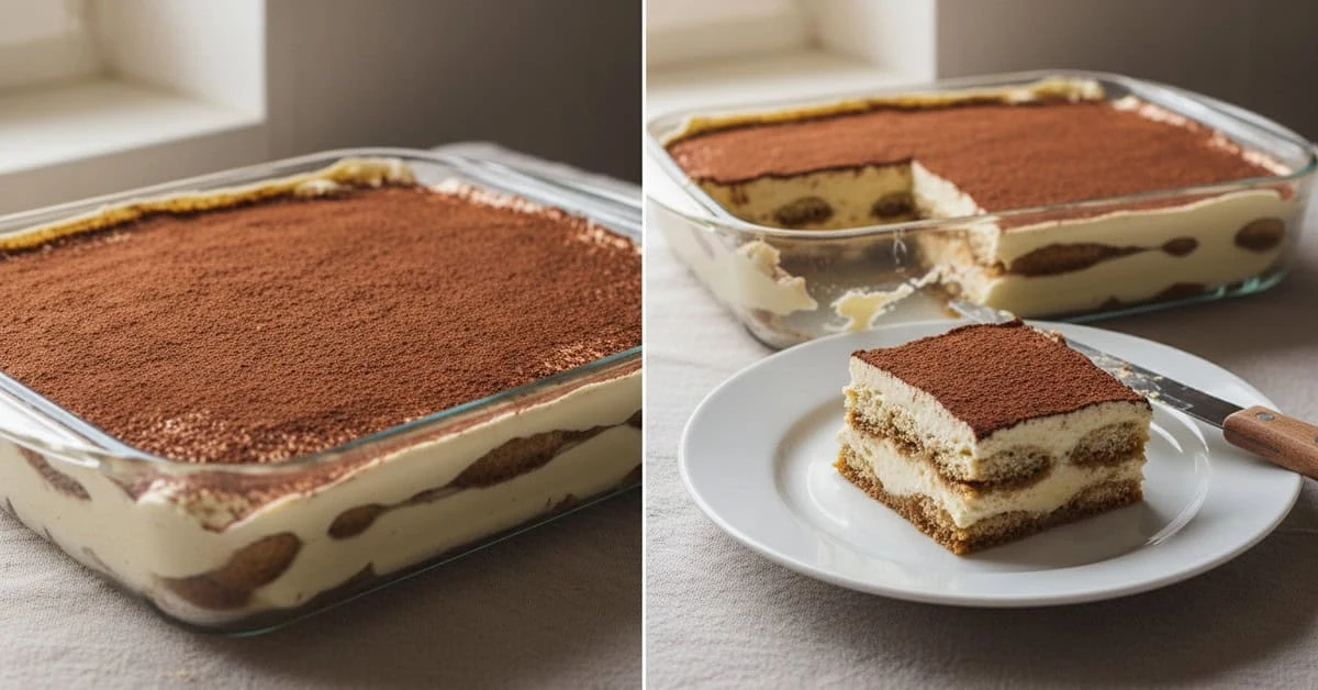 Cocoa-dusted tiramisu showing its coffee and cream layers