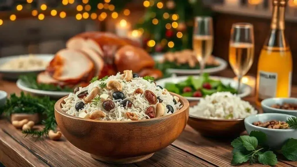Coconut and nut farofa served at a festive dinner