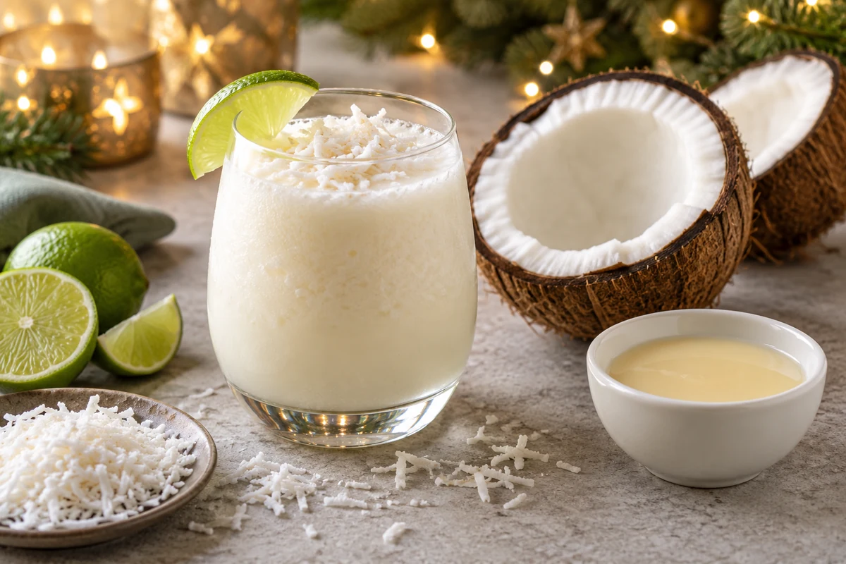 Coconut batida beside lime and condensed milk
