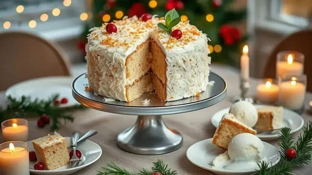 Coconut cake served on a festive cake stand Coconut cake served on a festive cake stand