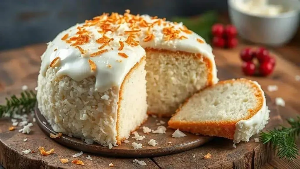 Coconut cake with a creamy topping and toasted coconut