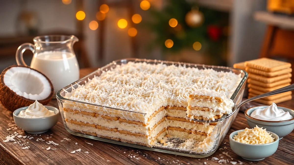 Coconut cream and biscuit pave in a rectangular glass serving dish
