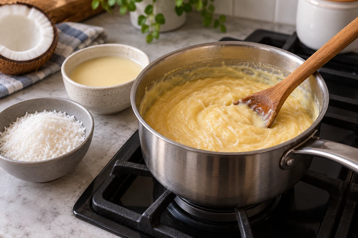 Coconut custard in a saucepan beside ingredients