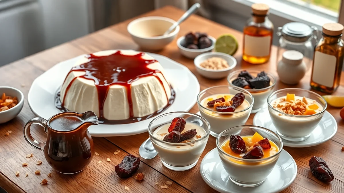 Coconut pudding and individual dessert variations with prune sauce