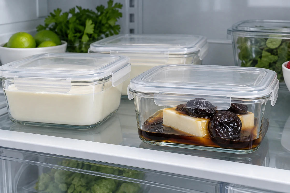 Coconut pudding and prune sauce stored in covered fridge containers Coconut pudding and prune sauce stored in covered fridge containers