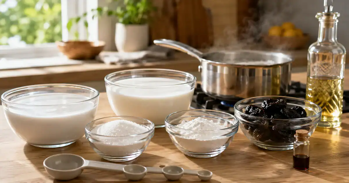 Milk, coconut milk, cornflour, sugar and prunes for the pudding