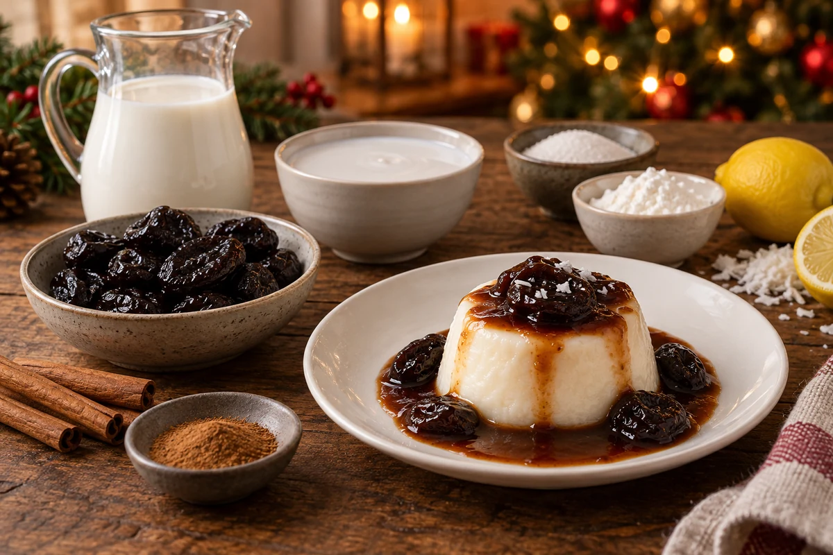 Coconut pudding ingredients with milk and prunes