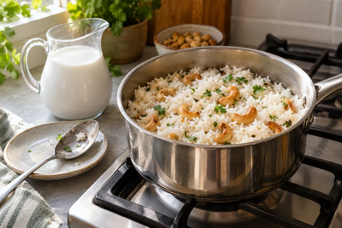 Coconut rice with toasted cashews and herbs