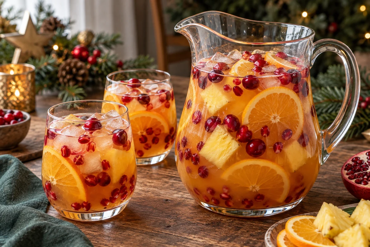 Cold Christmas fruit punch with orange and pomegranate