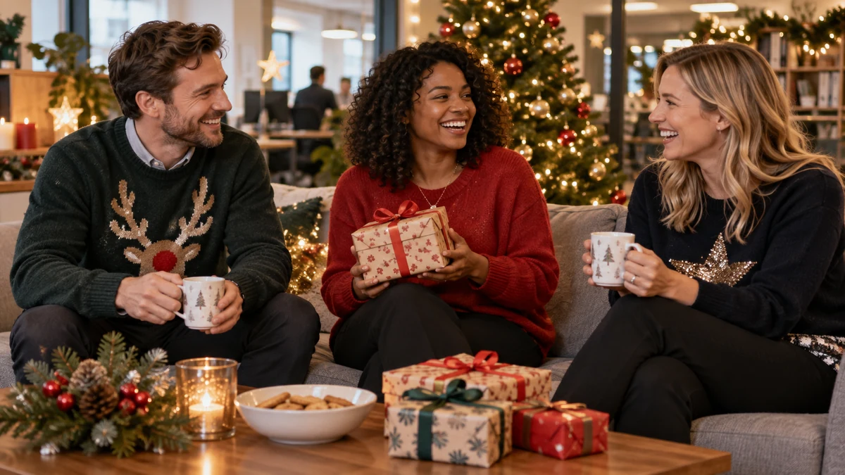Colleagues relaxing after a Christmas gift exchange