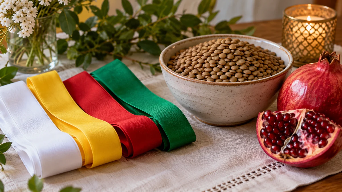 Coloured ribbons, lentils and pomegranate for New Year traditions