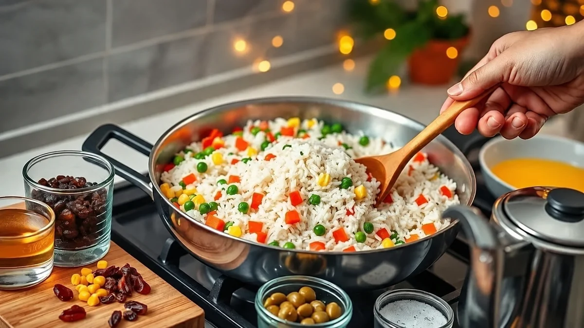 Colourful Brazilian vegetable rice being stirred in a saucepan