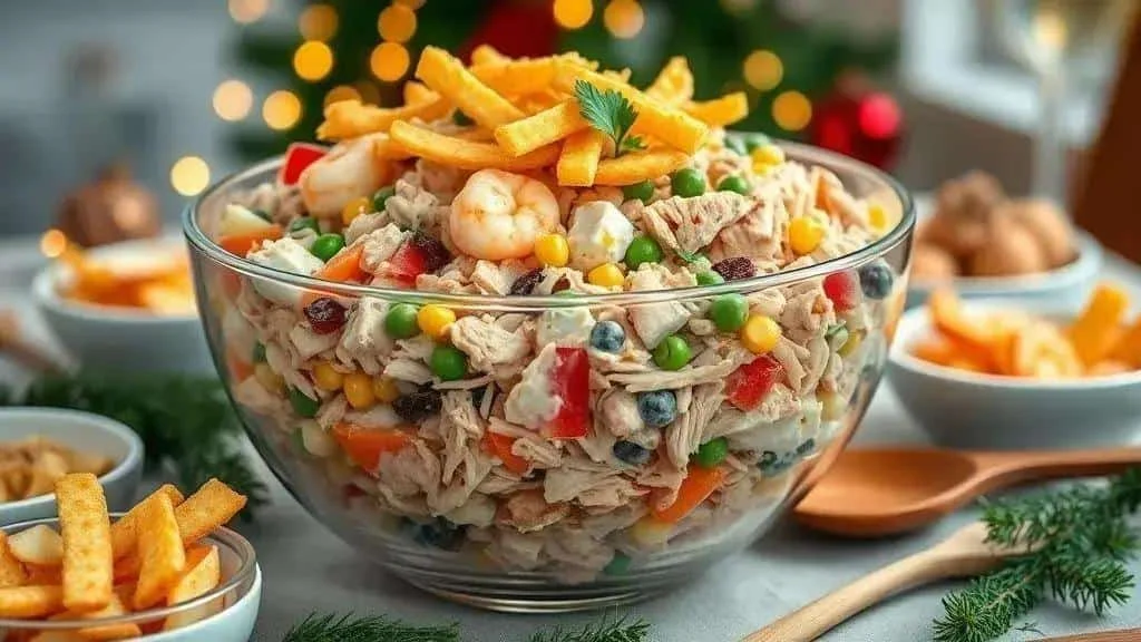 Colourful chicken and prawn salpicao with a potato topping