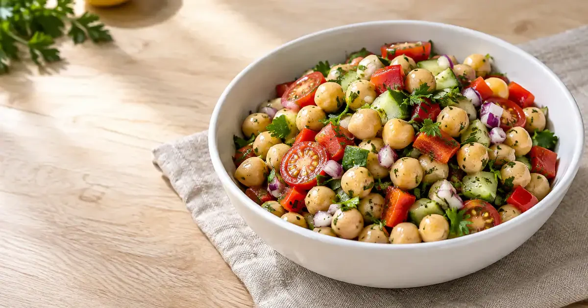 Colourful chickpea salad with cucumber, tomatoes and herbs