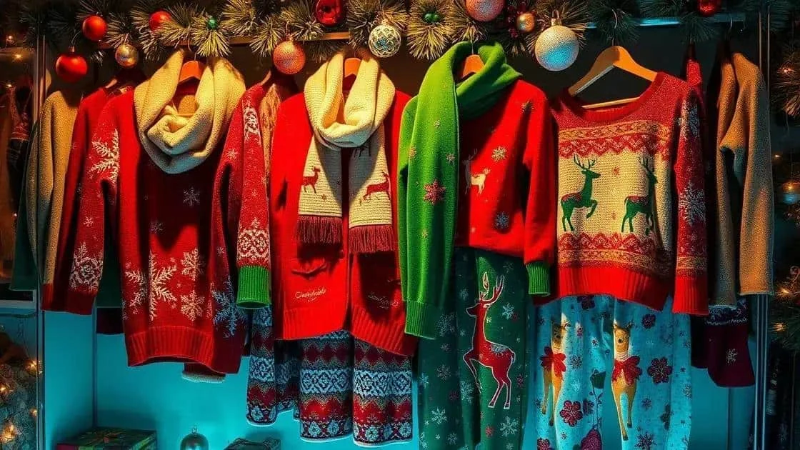Colourful Christmas knitwear on a clothing rail Colourful Christmas knitwear on a clothing rail