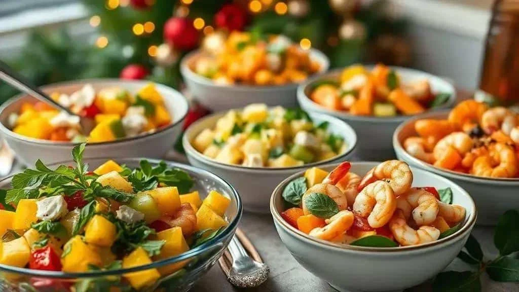 Colourful fruit and prawn salads on a festive table
