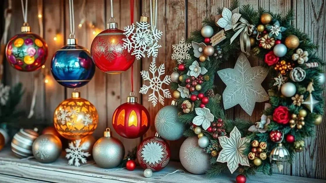 Colourful handmade-style ornaments beside a wreath