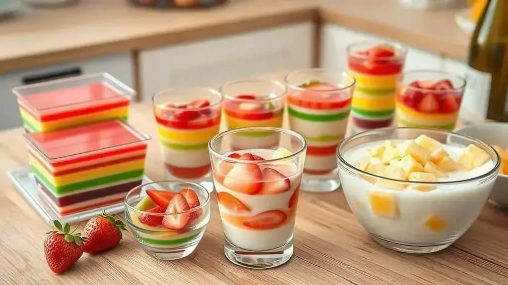 Colourful jelly cups and cubes Colourful jelly cups and cubes