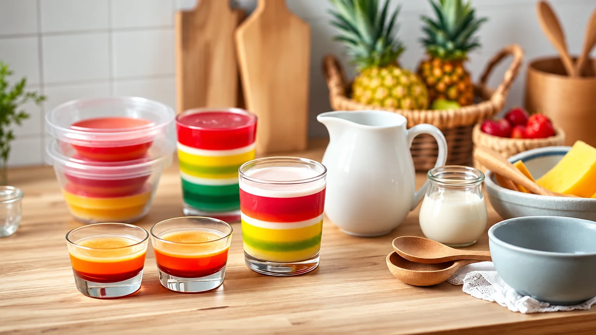 Colourful jelly portions with coconut and fruit ingredients
