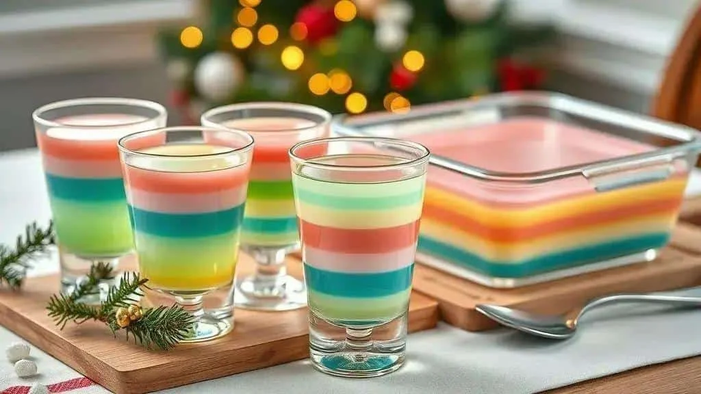 Colourful layered jelly in glasses and a serving dish