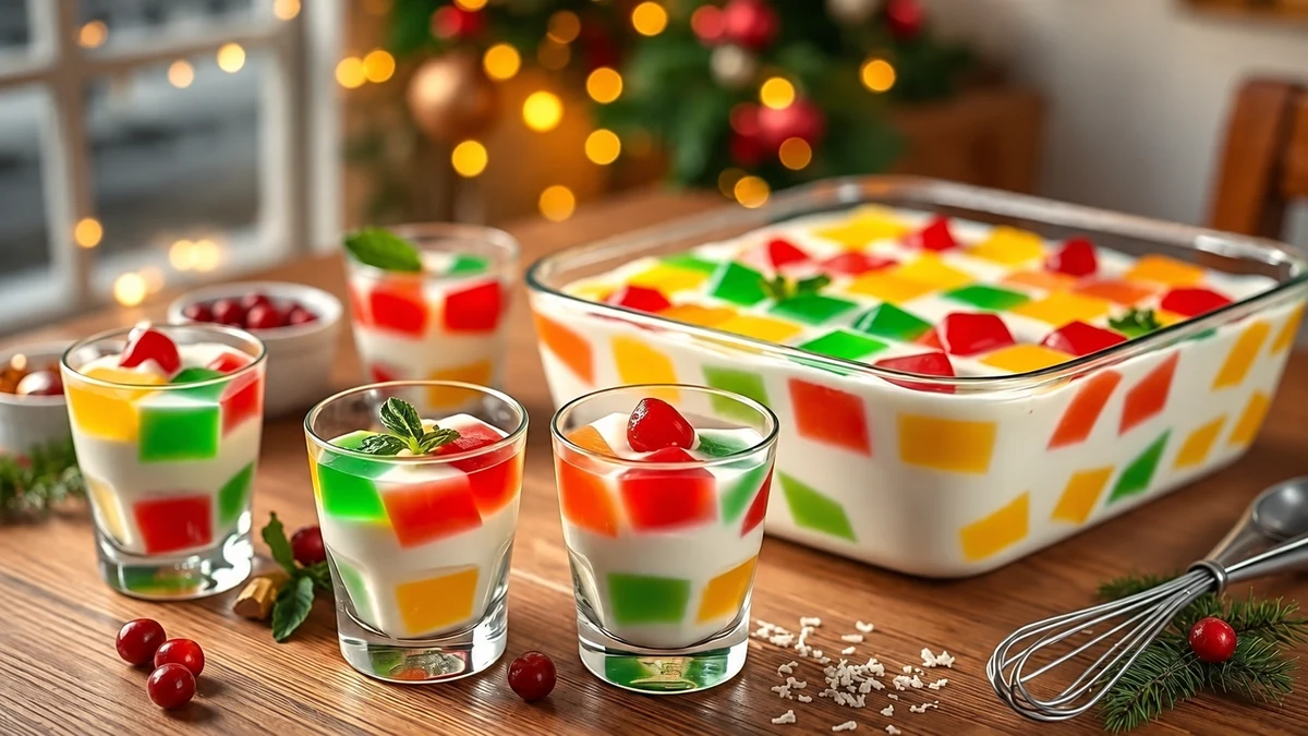 Colourful mosaic jelly cubes in white cream in a dish and glasses
