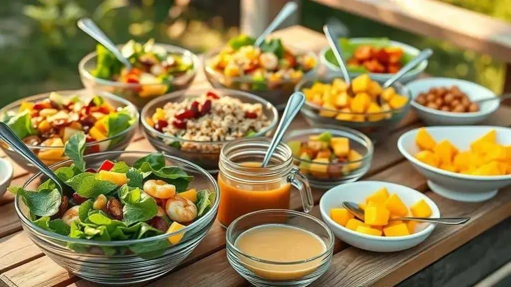 Colourful salad spread with fresh fruit and dressing