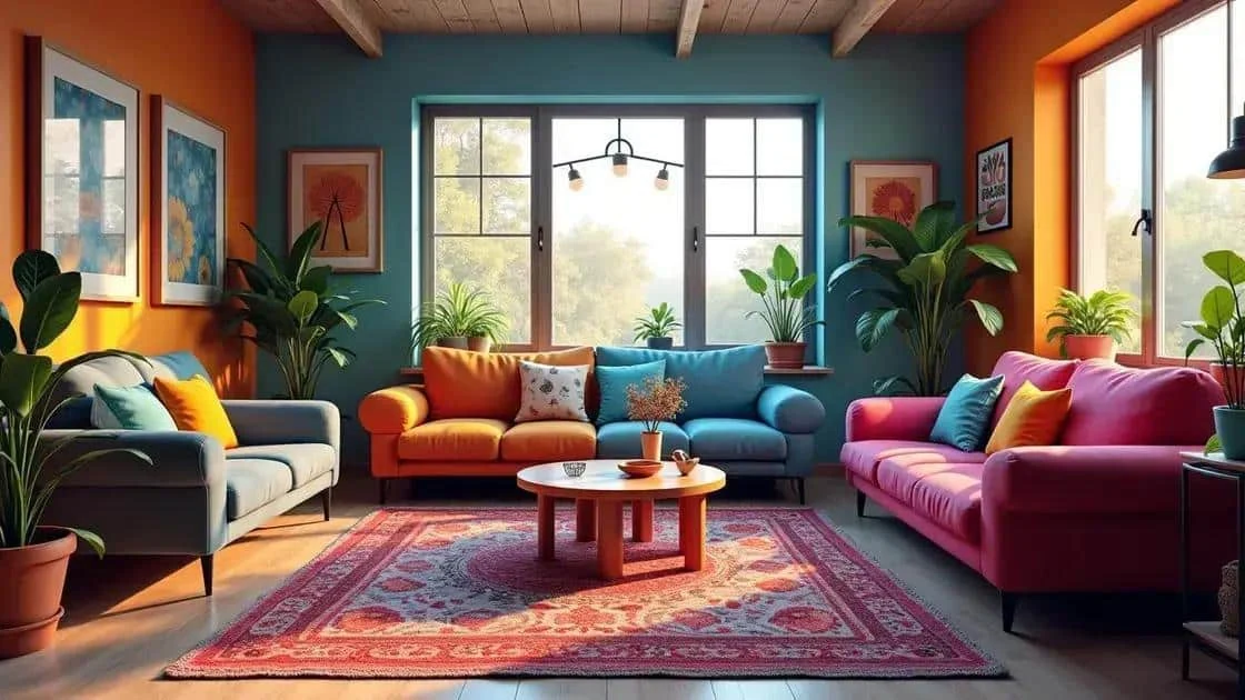 Colourful sofas and houseplants in a living room