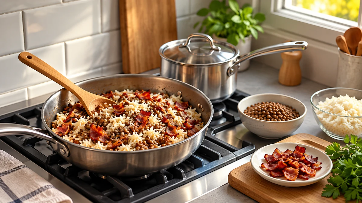 Combining cooked rice lentils and crispy bacon