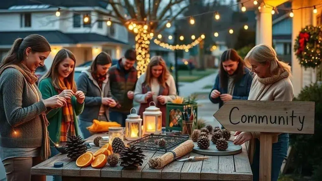 Community Christmas craft gathering around an outdoor table