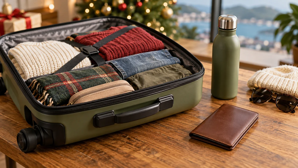 Compact suitcase packed for a festive holiday