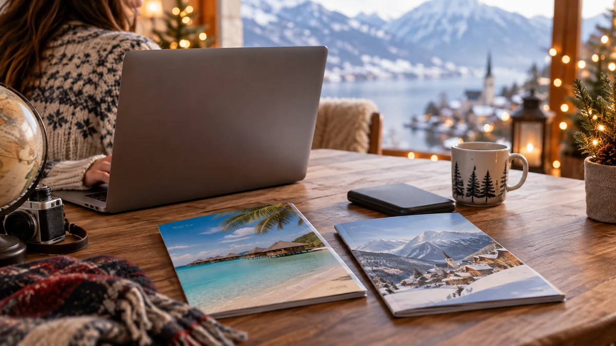 Comparing holiday ideas with a laptop and brochures