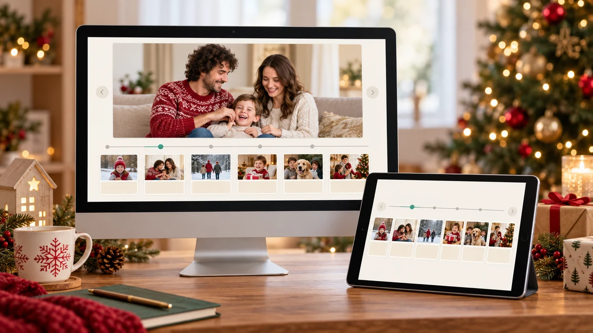 Computer and tablet displaying a family photo timeline