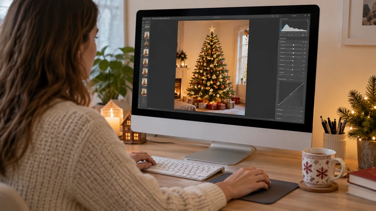 Computer displaying a Christmas photograph for editing Computer displaying a Christmas photograph for editing