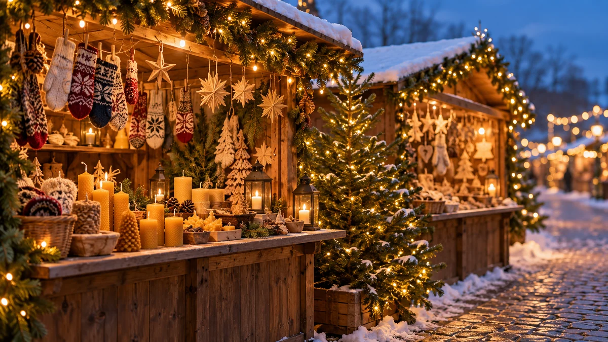 Conceptual Baltic Christmas craft stalls with woollen gifts Conceptual Baltic Christmas craft stalls with woollen gifts