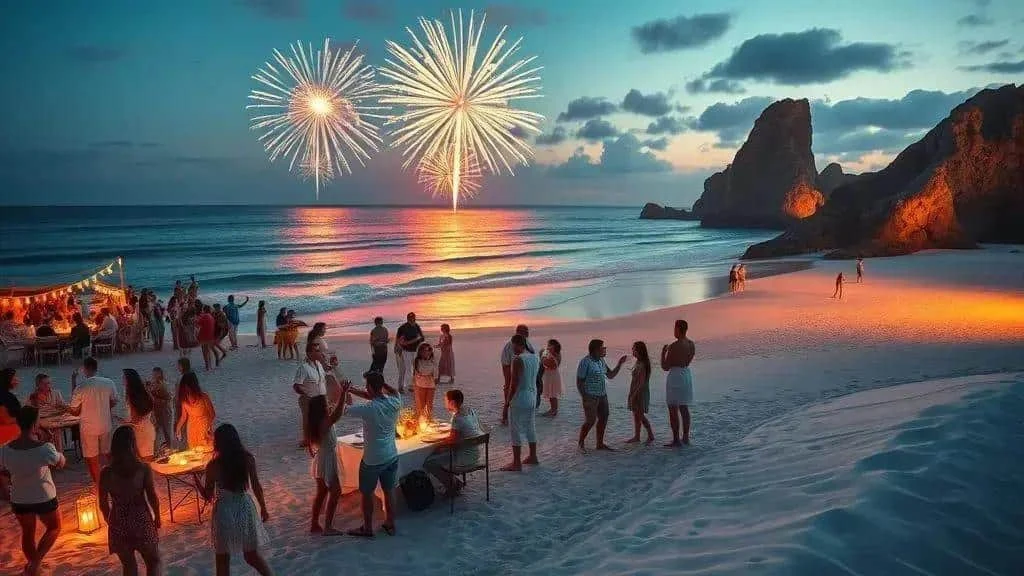Conceptual beach New Year celebration with distant festive lights