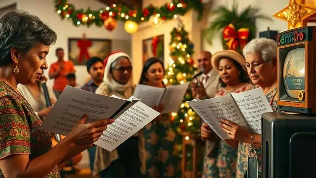 Conceptual Brazilian Christmas choir with festive decorations