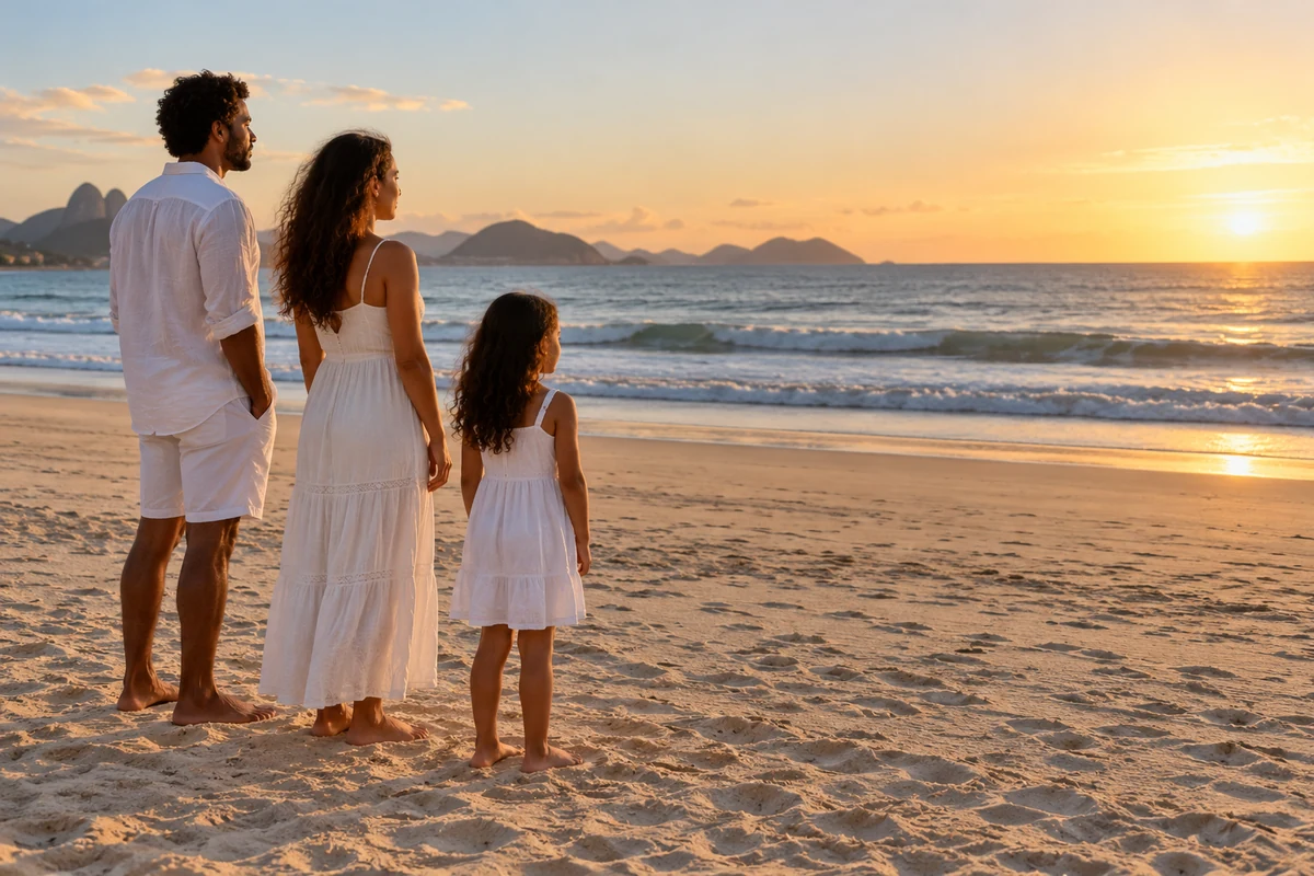 Conceptual Brazilian New Year reflection on shore with family