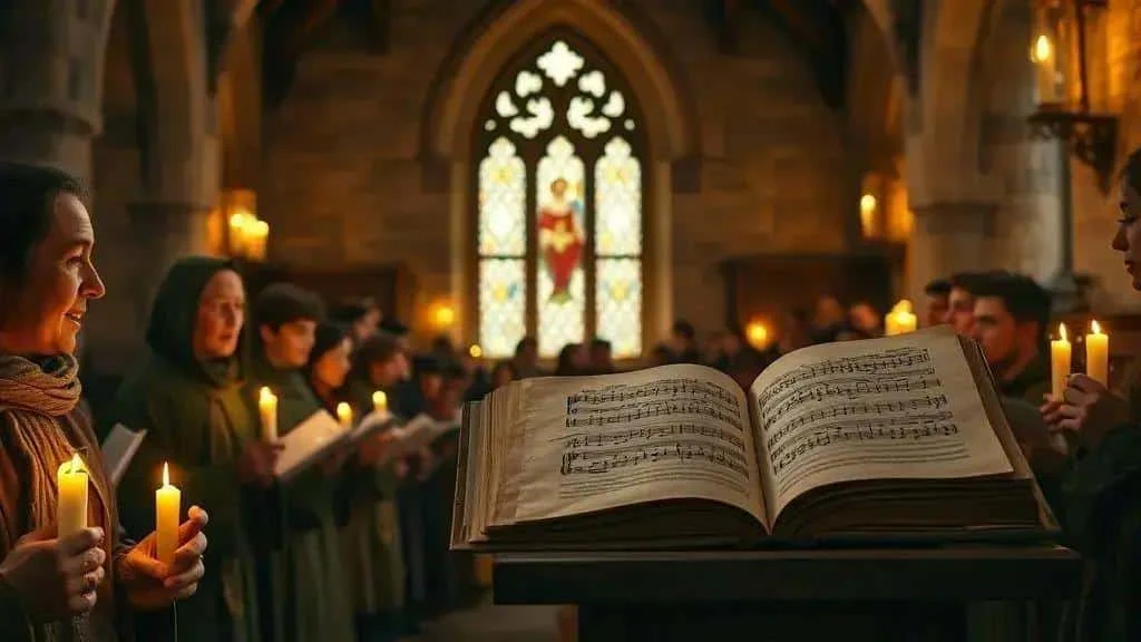 Conceptual Christmas choir and music book in a church