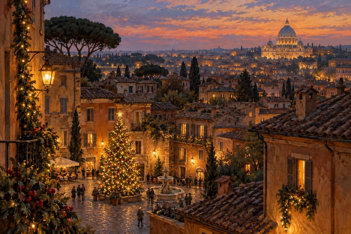 Conceptual Christmas illustration of a Rome-inspired skyline