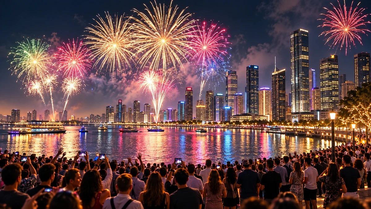 Conceptual city fireworks above a festive waterfront