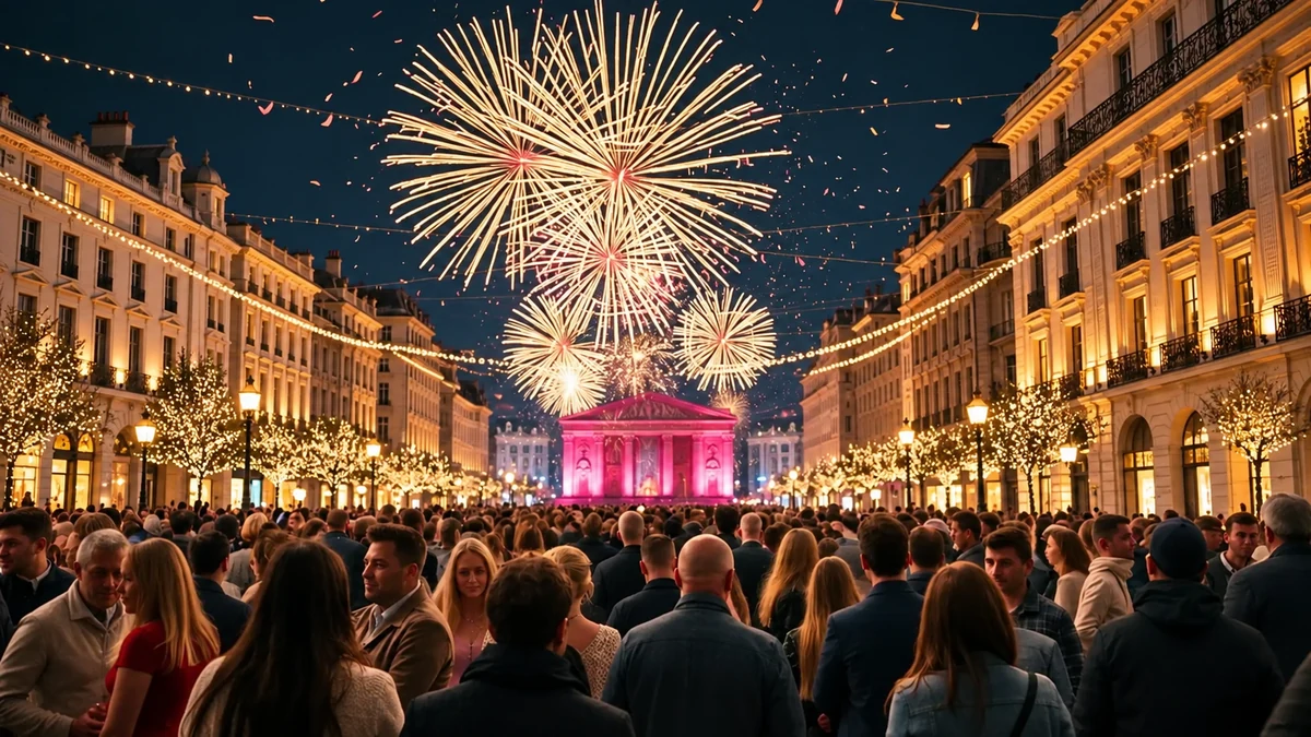 Conceptual city square illuminated for New Year