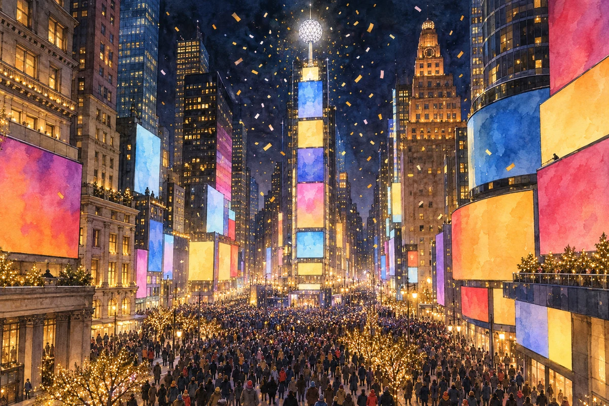 Conceptual city square with a countdown ball and confetti