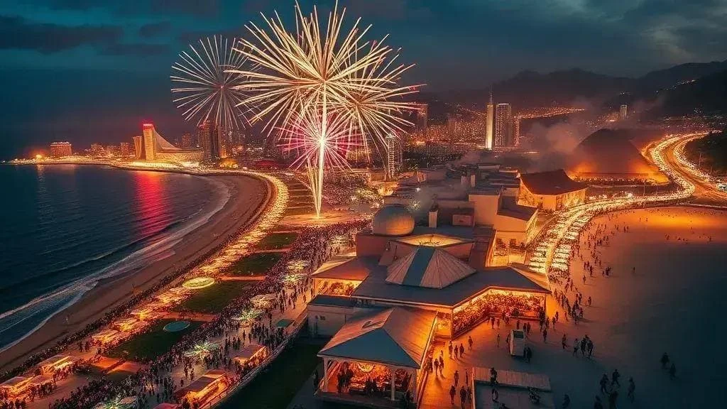 Conceptual coastal city lights and New Year fireworks