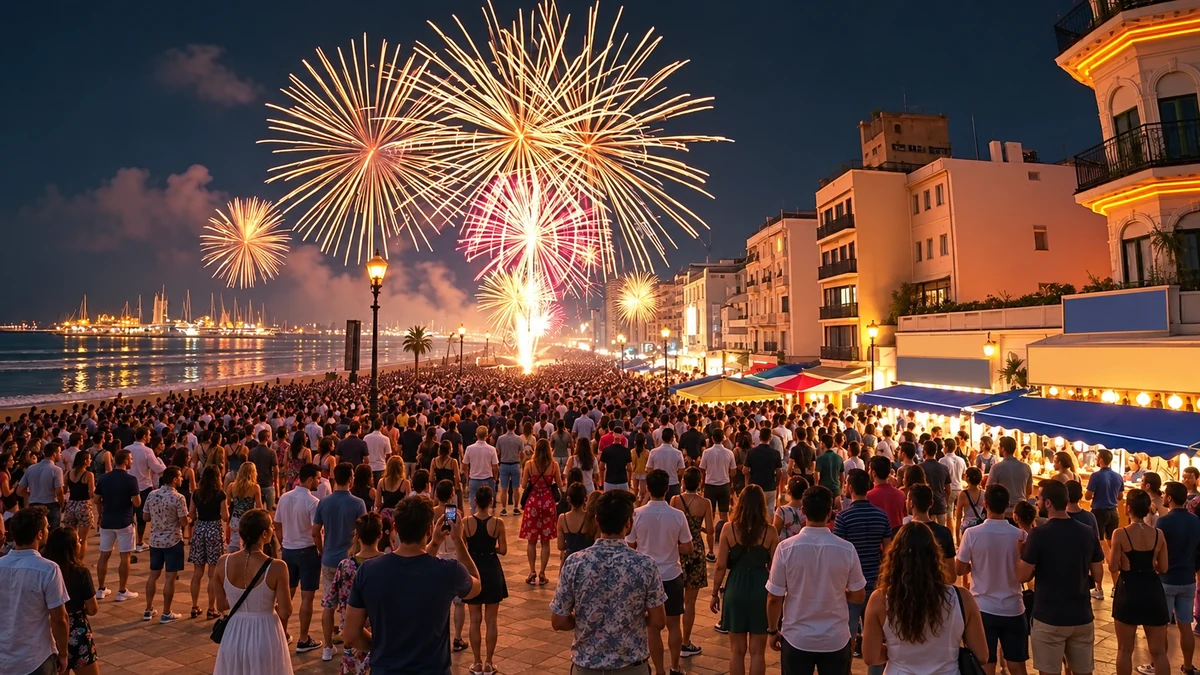 Conceptual coastal city New Year celebration