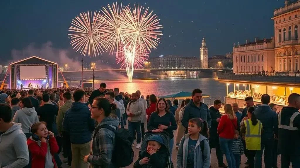Conceptual crowd watching fireworks beside a river Conceptual crowd watching fireworks beside a river