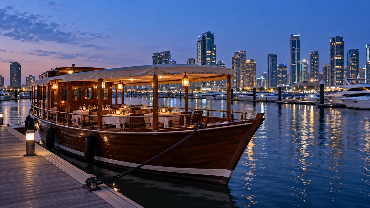 Conceptual dinner boat moored in a modern marina