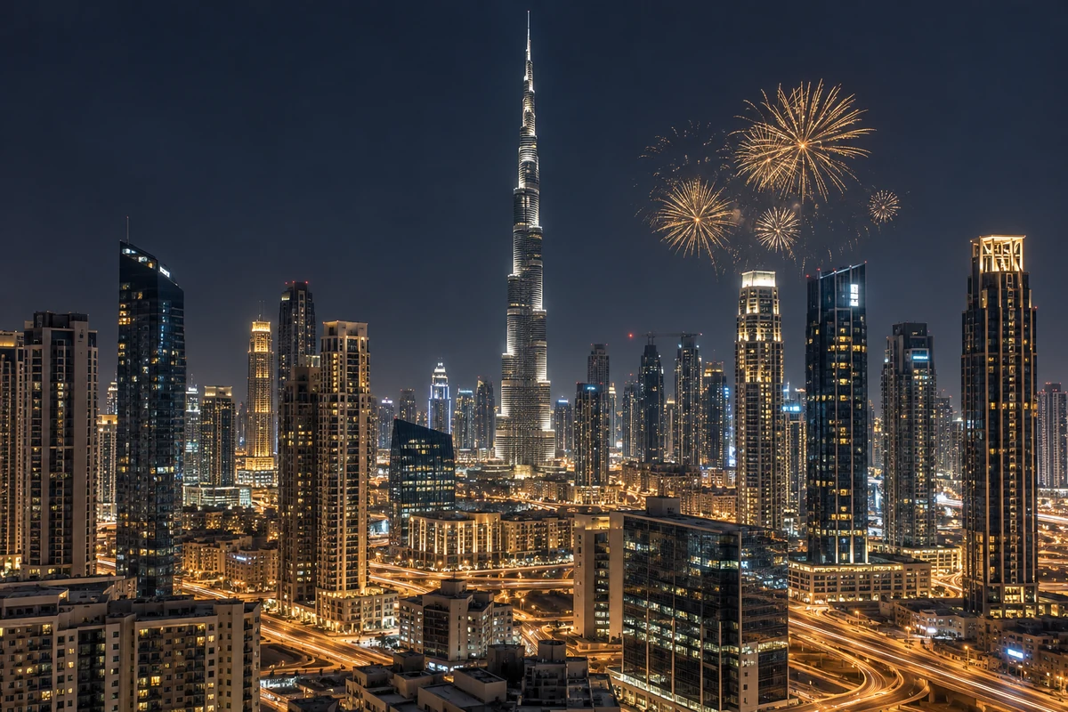 Conceptual Dubai-inspired skyline with golden fireworks